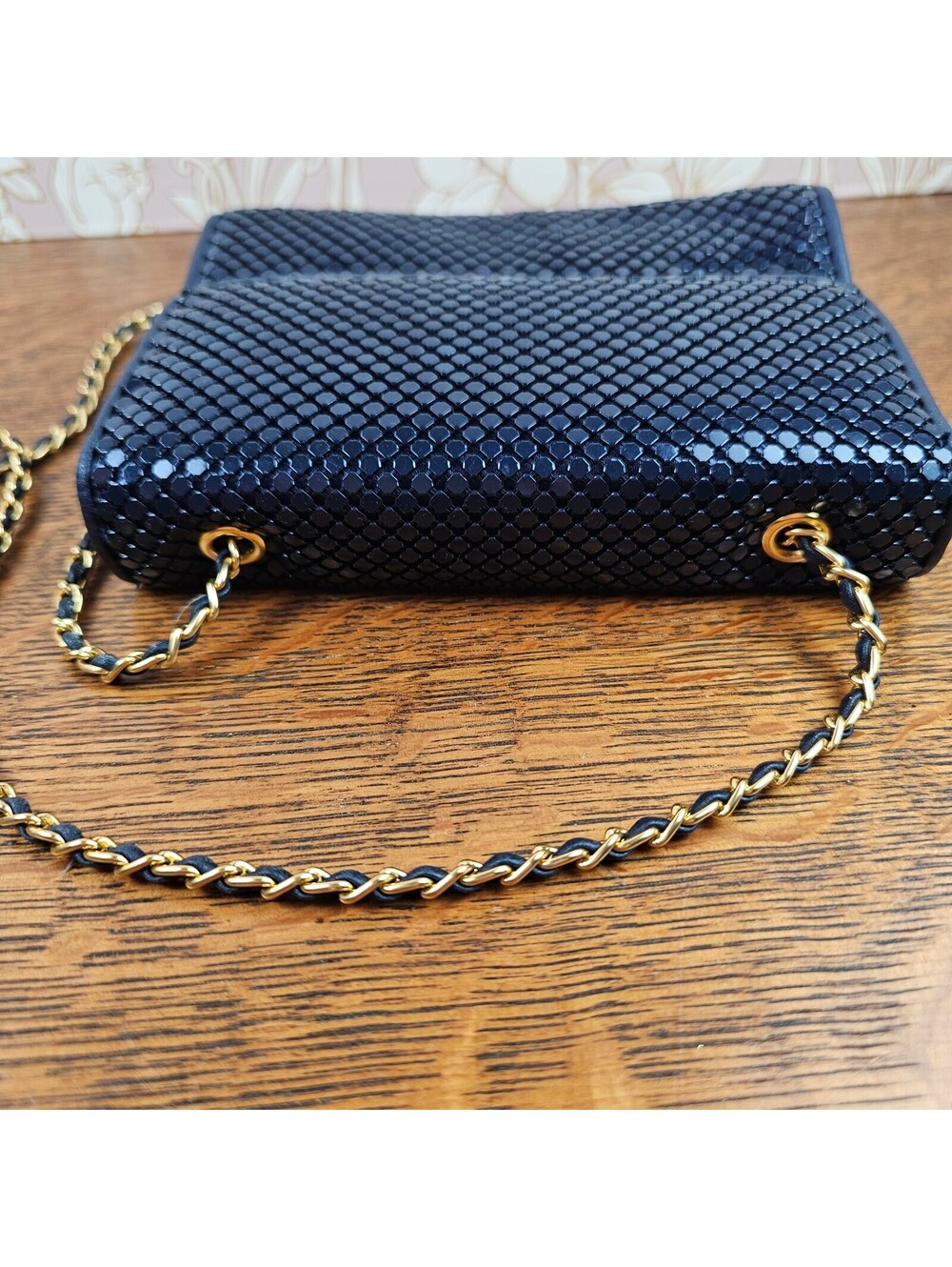 Vintage Whiting & Davis Navy Blue Metal Mesh Purse Gold Chain Shoulder Bag - Picture 6 of 15